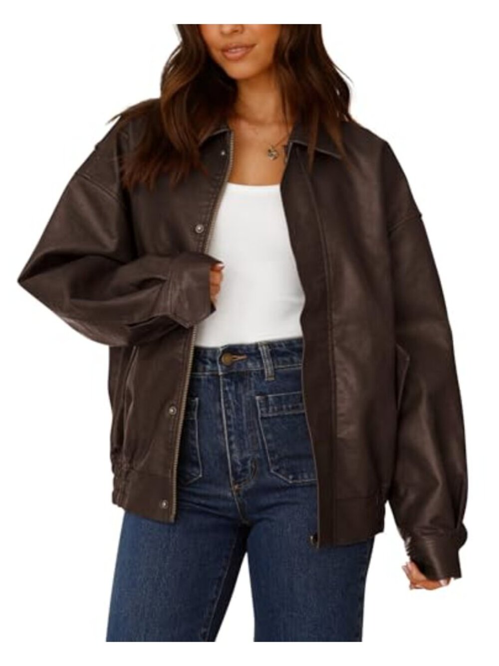 Faux Leather Motorcycle Jacket Zip Up Loose Fit Women Outerwear